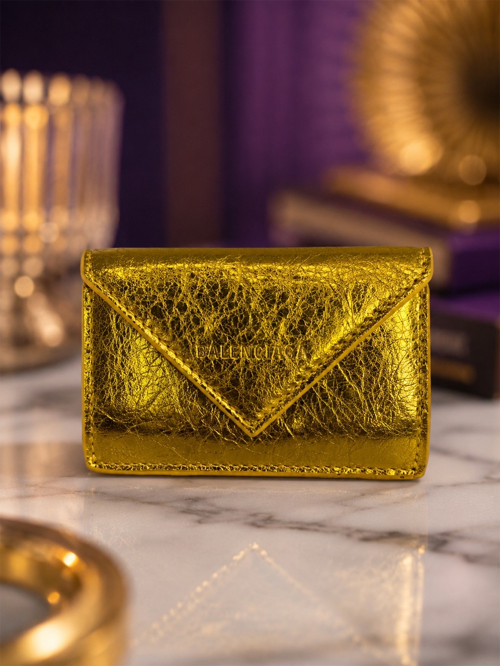 Balenciaga Mini Envelope Wallet – Metallic Gold | New | Full Inclusion
